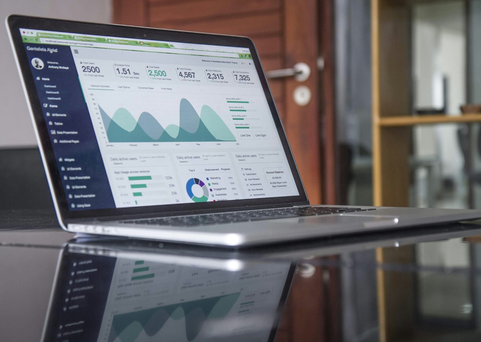 Laptop displaying an analytics dashboard on a glass table